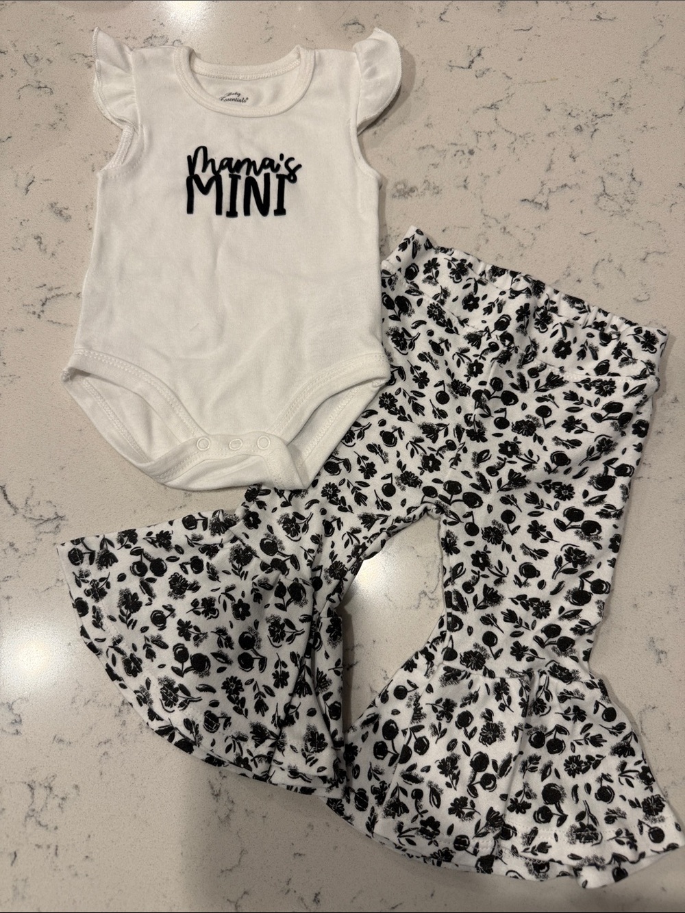 Baby Essentials White Bodysuit & Black Floral Ruffle Pants Set